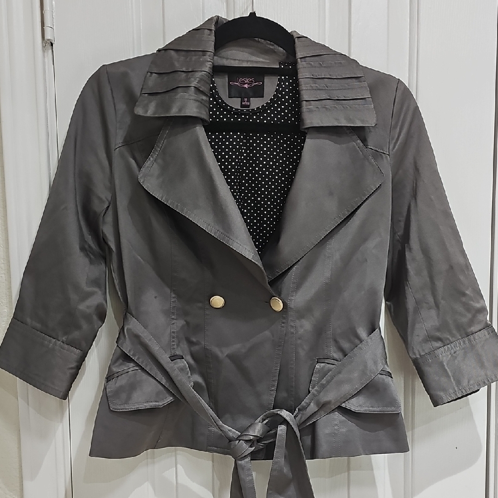 Ladies Gray Double-Breasted Belted Blazer